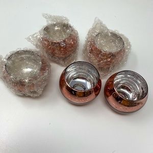 Set of Five Small Glass Tea Light Candle Holders Blush Pink Silver Metallic New